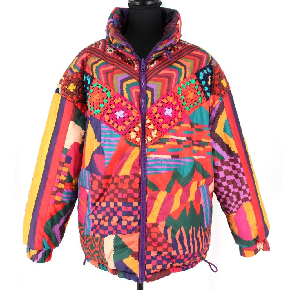 FARM Rio Reversible Puffer Coat Zip Up Jacket Multicolor Crochet Geometric Small